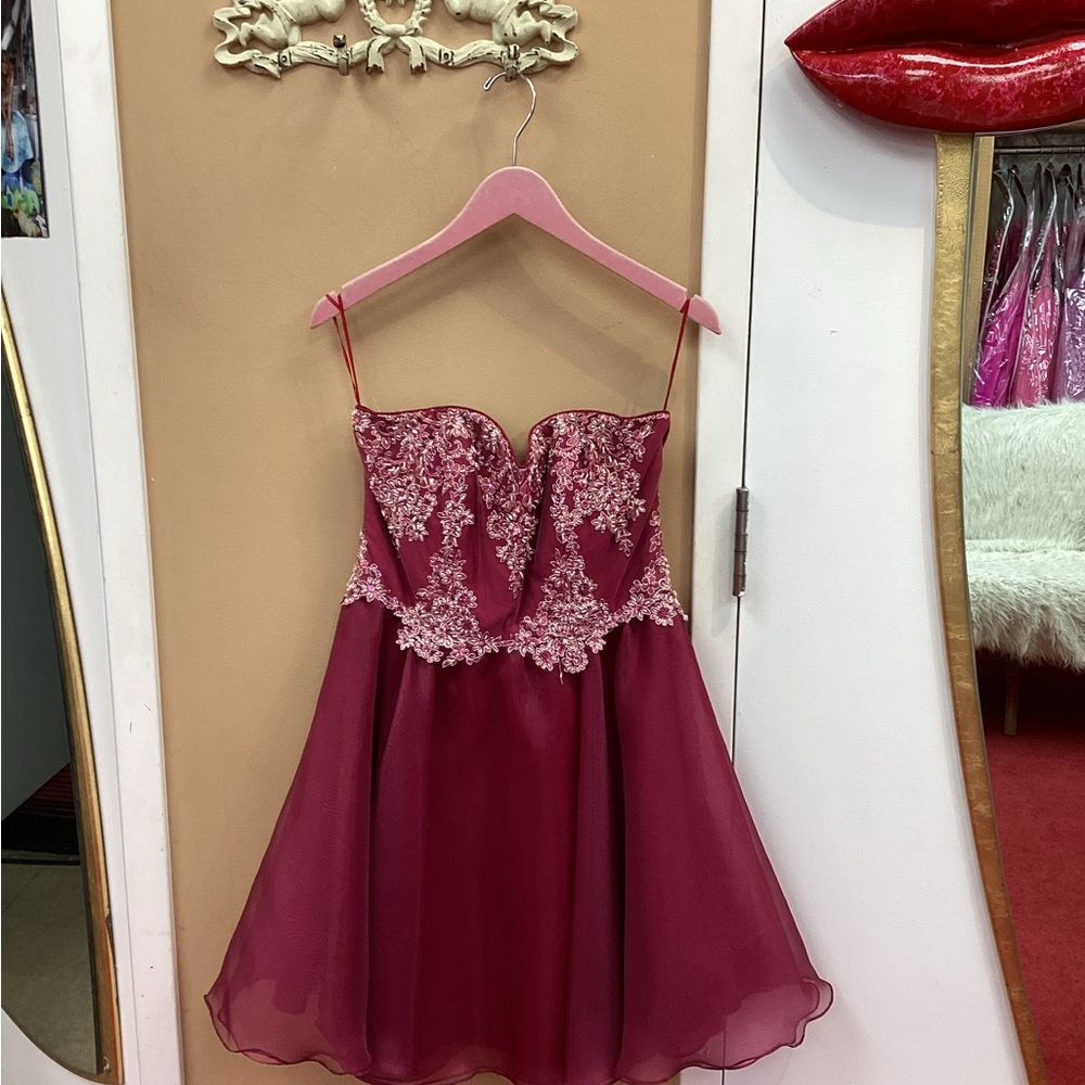 A line Junior Girls Burgundy Dress with Lace and Beaded Corset Top